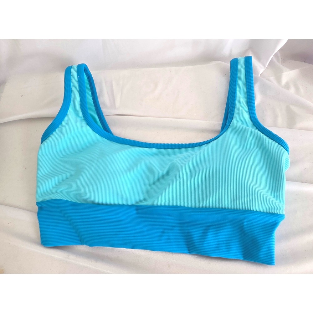 NWOT LainSnow Ribbed Bikini Top Blue Colorblock Scoop Neck Swim Crop Size Medium